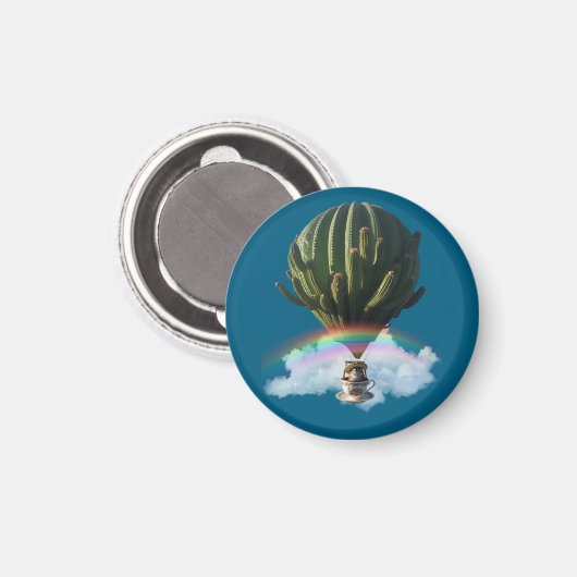 Surrealistische Cat Hete Luchtballon met Cactus &  Magneet (Voorkant / Achterkant)
