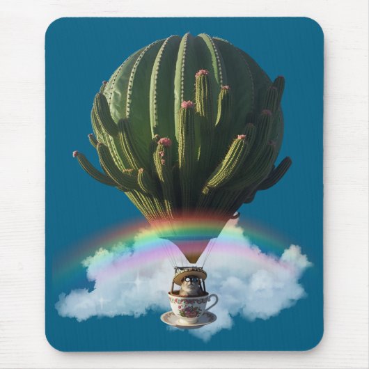 Surrealistische Cat Hete Luchtballon met Cactus &  Muismat (Voorkant)