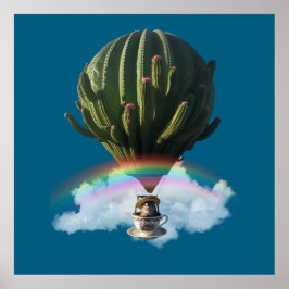 Surrealistische Cat Hete Luchtballon met Cactus &  Poster
