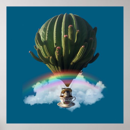 Surrealistische Cat Hete Luchtballon met Cactus &  Poster (Voorkant)