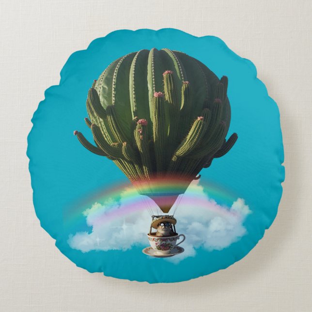 Surrealistische Cat Hete Luchtballon met Cactus &  Rond Kussen (Voorkant)