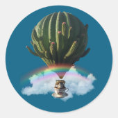 Surrealistische Cat Hete Luchtballon met Cactus &  Ronde Sticker (Voorkant)