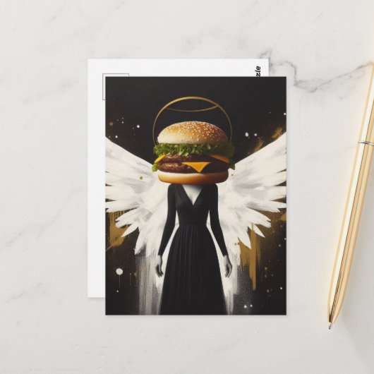 Surrealistische Cheeseburger Engel Briefkaart (Voorkant / Achterkant in situ)