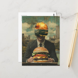Surrealistische Cheeseburger Persoon in de Stad Co Briefkaart