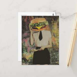 Surrealistische Cheeseburger Vrouw Houdt Saladebor Briefkaart