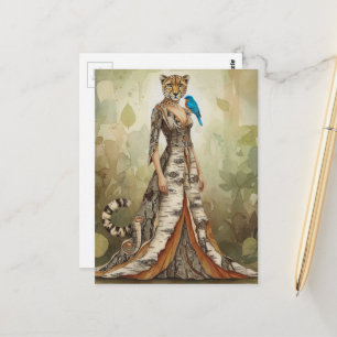 Surrealistische cheetah-dame in berkenbast jurk mo briefkaart
