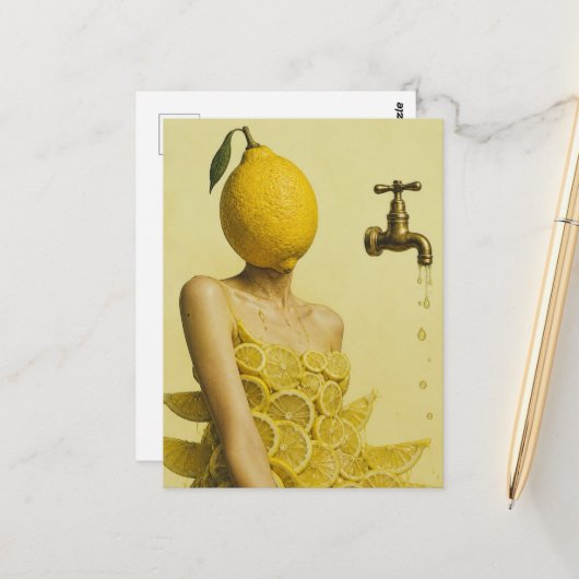Surrealistische citroendame briefkaart (Voorkant / Achterkant in situ)