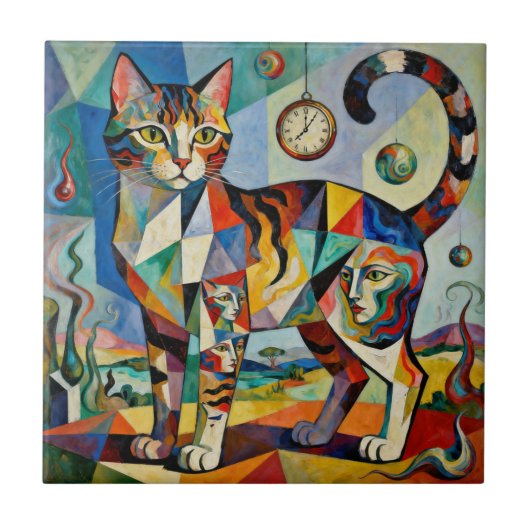 Surrealistische Cubistische Stijl Kat Kunst Tegeltje (Voorkant)