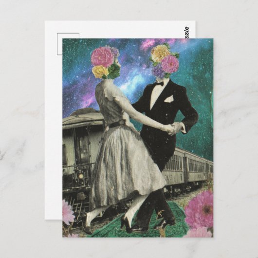 Surrealistische dansende bloemenmensen en een trei briefkaart (Voorkant / Achterkant)