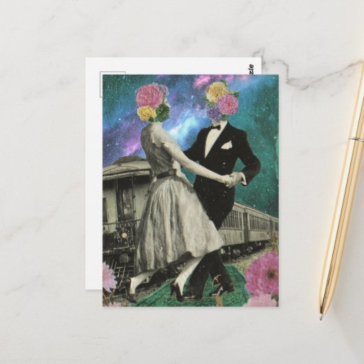 Surrealistische dansende bloemenmensen en een trei briefkaart (Voorkant / Achterkant in situ)