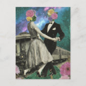 Surrealistische dansende bloemenmensen en een trei briefkaart (Voorkant)