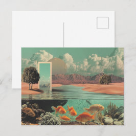 Surrealistische deur in woestijn met onderwater briefkaart