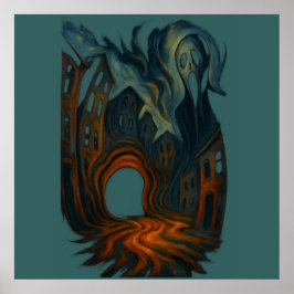 Surrealistische donkere stadslandschapskunst spook poster