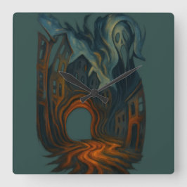 Surrealistische donkere stadslandschapskunst spook vierkante klok