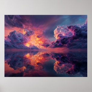 Surrealistische dramatische wolken met vurige zons poster