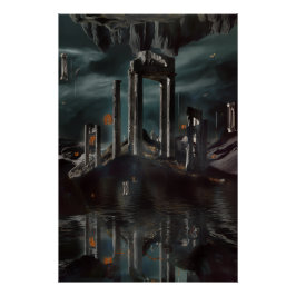 Surrealistische Drijvende Ruïnes Obsidiaan Meer Perfect Poster