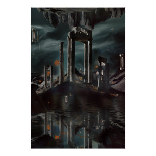 Surrealistische Drijvende Ruïnes Obsidiaan Meer Perfect Poster