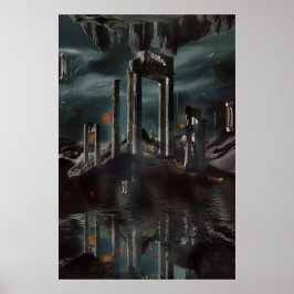 Surrealistische Drijvende Ruïnes Obsidiaan Meer Poster