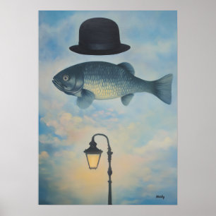 Surrealistische dromenlandschap vis met bolhoed poster