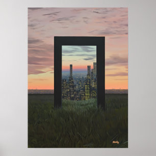 Surrealistische droomachtige poort naar stad in de poster
