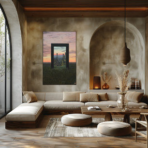 Surrealistische droomachtige poort naar stad in de poster