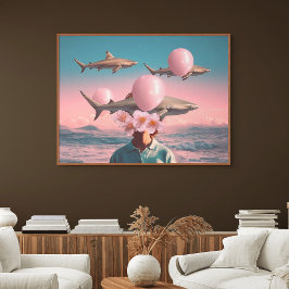 Surrealistische droomlandschap met haaien en ballo poster