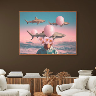 Surrealistische droomlandschap met haaien en ballo poster