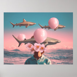 Surrealistische droomlandschap met haaien en ballo poster