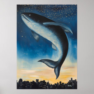 Surrealistische droomlandschap vis zwevend boven s poster