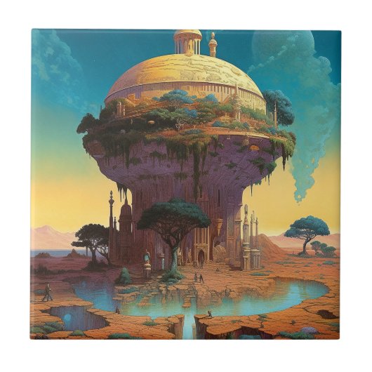 Surrealistische Fantasy City Tegeltje (Voorkant)