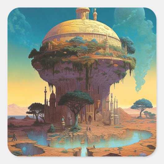 Surrealistische Fantasy City Vierkante Sticker (Voorkant)