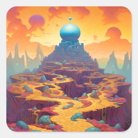 Surrealistische Fantasy City Vierkante Sticker (Voorkant)