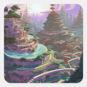 Surrealistische Fantasy City Vierkante Sticker