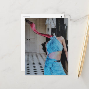 Surrealistische flamingo die blauw draagt in een k briefkaart