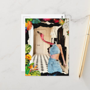 Surrealistische flamingo die blauw draagt met bloe briefkaart