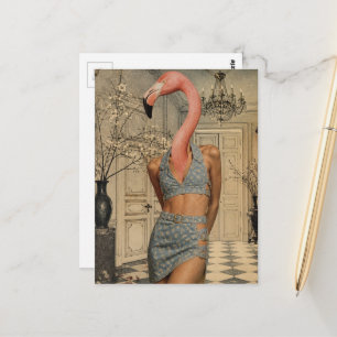 Surrealistische Flamingo Vrouw Draagt Blauwe Denim Briefkaart