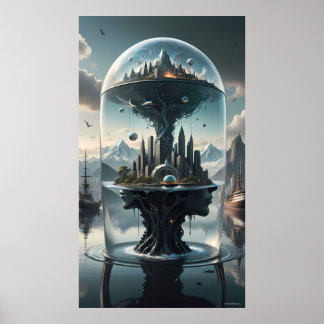 Surrealistische futuristische stad onder glazen po poster