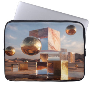 Surrealistische geometrische compositie met gouden laptop sleeve