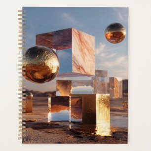 Surrealistische geometrische compositie met gouden planner