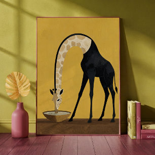 Surrealistische Giraffe Drinkt uit Kom Minimalisti Poster