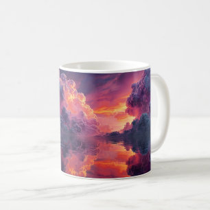 Surrealistische gloeiende zonsondergangswolken wee koffiemok