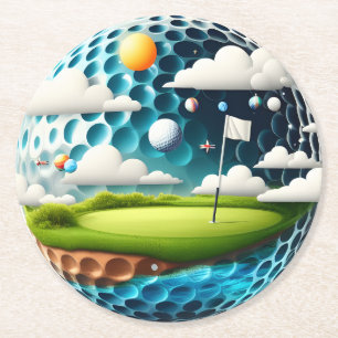 Surrealistische golfbaan in een golfballenwereld ronde kartonnen onderzetter