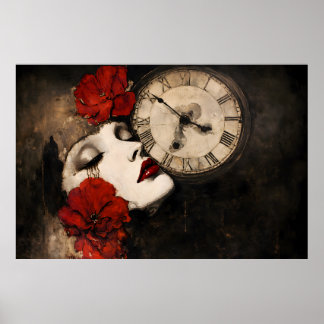Surrealistische gotische vrouw met rode klaprozen poster