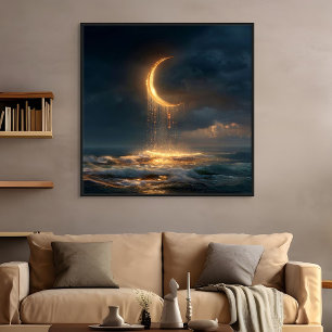 SURREALISTISCHE GOUDEN HALVE MAAN BOVEN DE OCEAAN CANVAS AFDRUK