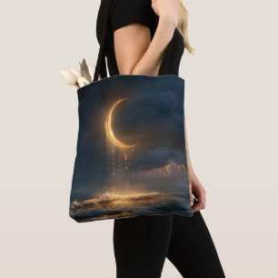 Surrealistische gouden halvemaan boven de oceaan tote bag