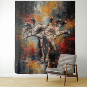 Surrealistische handen die oprijzen uit voeten, ex wandkleed