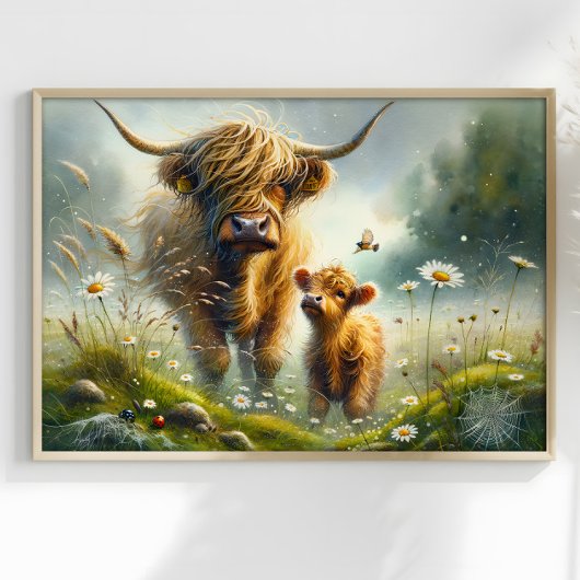 Surrealistische Highlander Koe met Calf Fantasy La Poster