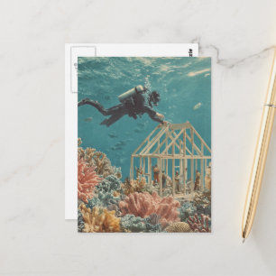 Surrealistische huizenbouwers in de oceaan briefkaart