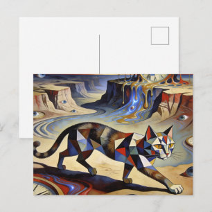 Surrealistische kat die klokken laat smelten geïns briefkaart