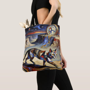 Surrealistische kat die klokken smelt, geïnspireer tote bag